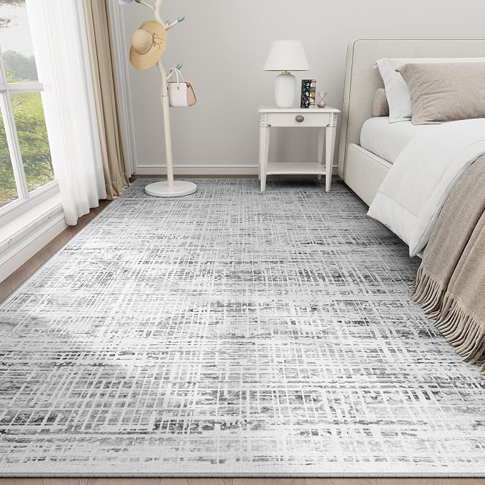6x9 Washable Area Rug for Living Room Bedroom: Non-Slip Modern White Gray | Machine Washable TPR Backing, Stain-Resistant Low Pile, Pet & Kid Friendly, Abstract Decor for Dining Room, Dorm, Home Office