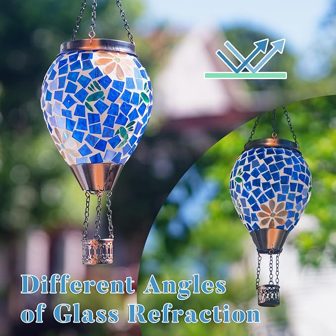 Hummingbird Solar Hot Air Balloon Lantern with Flame, Blue Hanging Mosaic Solar Lantern Outdoor Waterproof, Outdoor Solar Lights for Yard Gardening Gift for Mom Grandma Women
