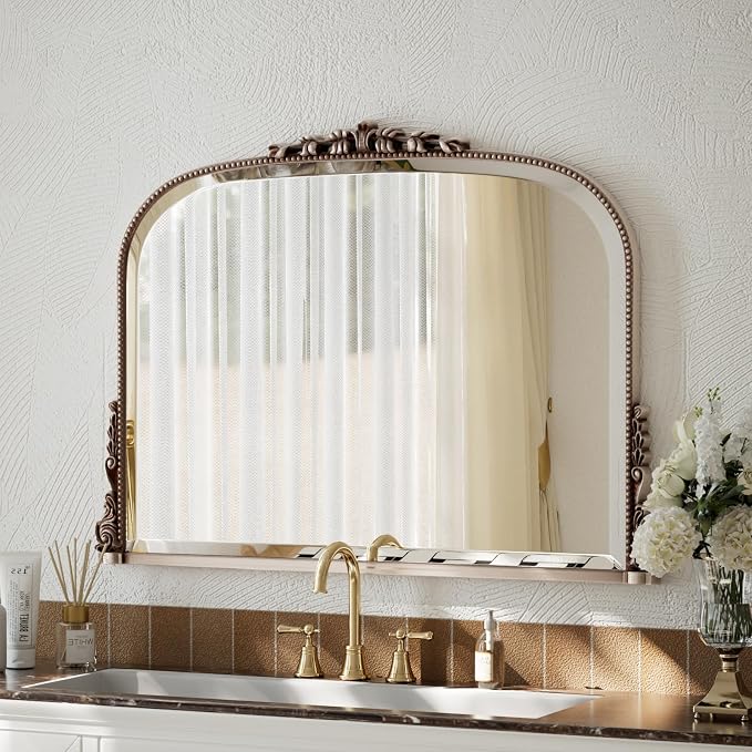 Wall Beaded Mirror, 36 x 27 Inch Round Top Right Angle Wall Mirror, Tempered Glass, Rust Resistant, Horizontally or Vertically Hanging, Silver | Bathroom Vanity Makeup Mirror, as Wall Decor Hanging Leaning for Fireplace Mantle, Living Room, Bedroom, Va...