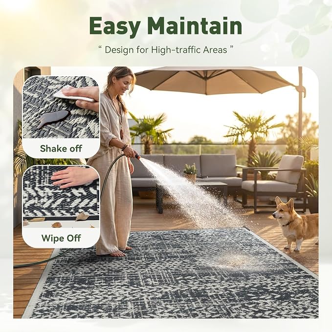 MontVoo Outdoor Rug Waterproof-Patio Rug Mat 6x9 Outdoor RV Camping Picnic Beach Mat Plastic Straw Rugs Outside Outdoor Area Rugs for Balcony Deck Backyard Grey