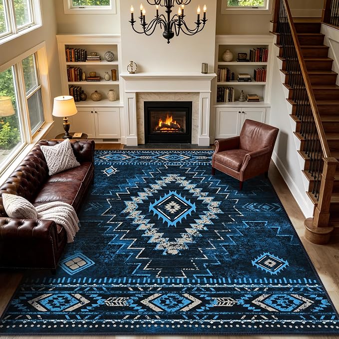 Yinhua Western 9x12 Area Rug for Living Room, Aztec Washable Rugs Non-Slip | Navy Blue Large Rug Low-Pile, Soft Non-Shedding Carpet for Dining Room Nursery Office