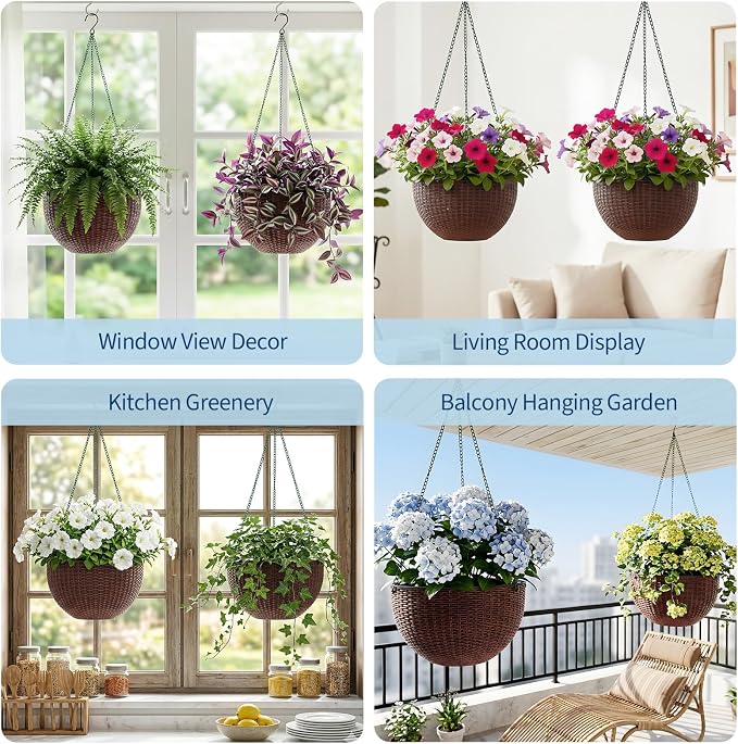 13.8 Inch Self Watering Hanging Planter, 2PCS Round Resin Hanging Basket for Indoor Outdoor Plants, Rattan Look Flower Pot with Drainage Plug, Deep Inner Pot and Sturdy Metal Triple-Chain Hanger