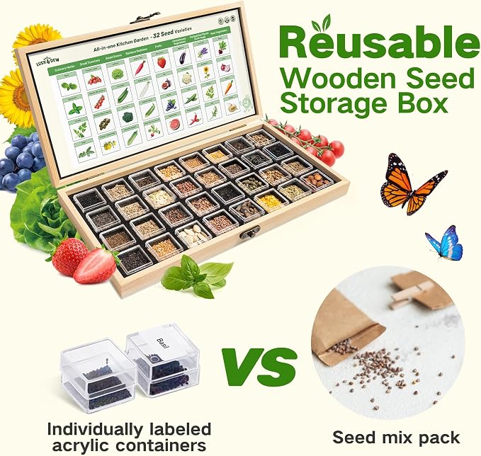 Lush&Dew Kitchen Garden Seed Bank, 32 Types Heirloom Seeds, Gardening Gifts | Non-GMO Seeds for Planting Vegetables Fruits Herbs, Gardener Gifts for Women Men, Survival Seed Kit for Food Supply Zone 3-11