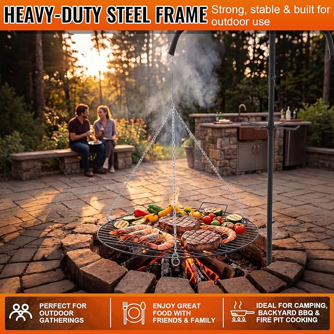 22" Fire Pit Campfire Grill Grate, Hanging Open Fire Cooking Grill Grate Portable Round Camping Cooking Barbecue Rack Heavy-Duty, Easy Setup & Adjustable Height for Outdoor Camping BBQ