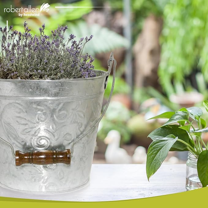 Headwind Vintage Collection - Floral Galvanized Planter with Handles – 12 Inch Flower Pots Decorative Plant Indoor – Plant Pots Indoor with Drainage By Robert Allen
