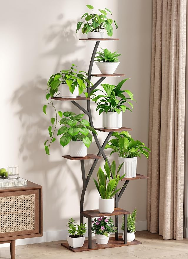 Plant Stand Indoor with Grow Lights 65" Tall Plant Shelf Corner Lighted Plant Stands for Indoor Growing Multiple Metal 8 Tiered Large S-Shape Display Shelves Plant Rack for Home Decor Patio Balcony