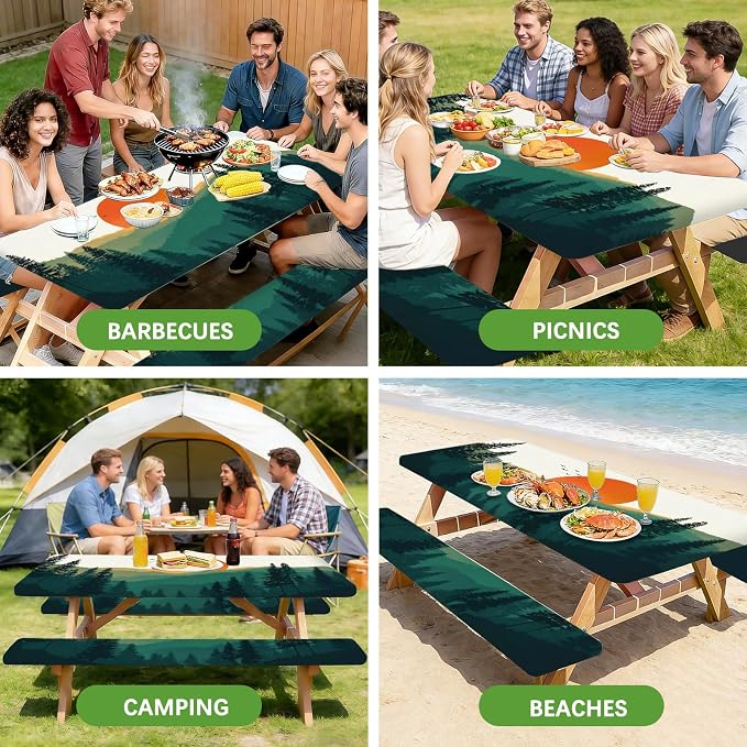 Picnic Table Cover with Bench Covers Elastic Edges, 3 Pcs Mountain View Fitted Table Cover with Drawstring Bag, Waterproof Windproof Aesthetic Camping Tablecloth, Outdoor Camping Essentials 72 Inch