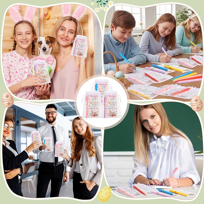 Marspark 30 Set Colorful Easter Gifts Bulk Happy Easter Ballpoint Pens and Bunny Eggs Greeting Cards with Bags Twist Ties Appreciation Gifts for Coworker Teacher Student School Office Party Favor