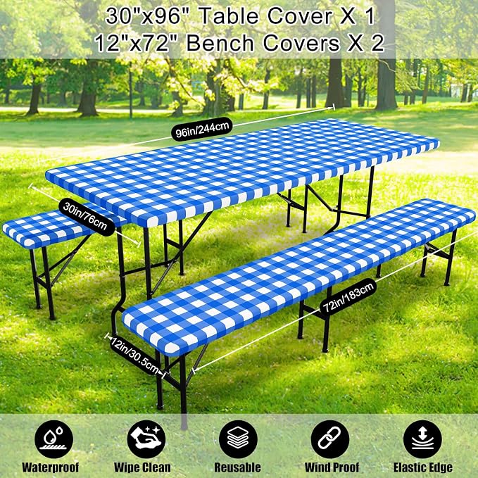 Smiry Picnic Table Cover with Bench Covers, Waterproof Elastic Fitted Tablecloths for 8 Foot Rectangle Tables, Washable Buffalo Plaid Tablecloth for Camping, Outdoor (Blue & White, 30"x96")