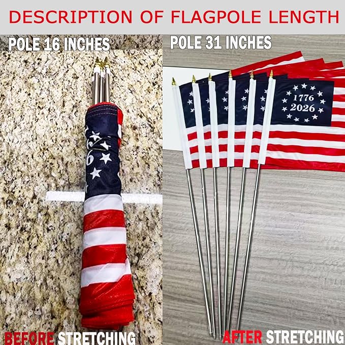 6 Pcs 250th Anniversary American Flags on Stick 12x18 Inch, 1776-2026 US Handheld Flag with Telescopic Stainless Steel Pole, Small USA Stick Flag Perfect for 4th of July Patriotic Decorations