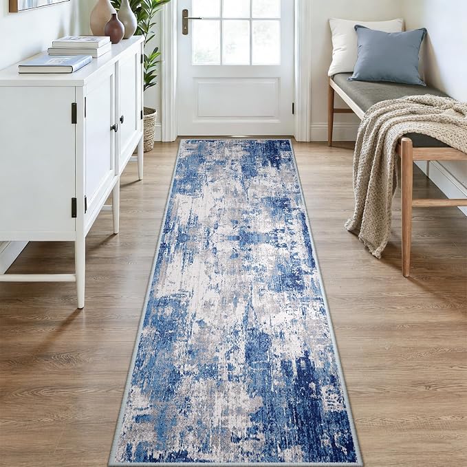 RELEANY Washable Runner 3'x12' Abstract Area Rug for Hallway Blue Gray | Carpet for Kitchen, Entryway, Bathroom, Living Room, Bedroom, Printed Pattern, Non‑Slip, Soft, Stain‑Resistant, Easy to Clean