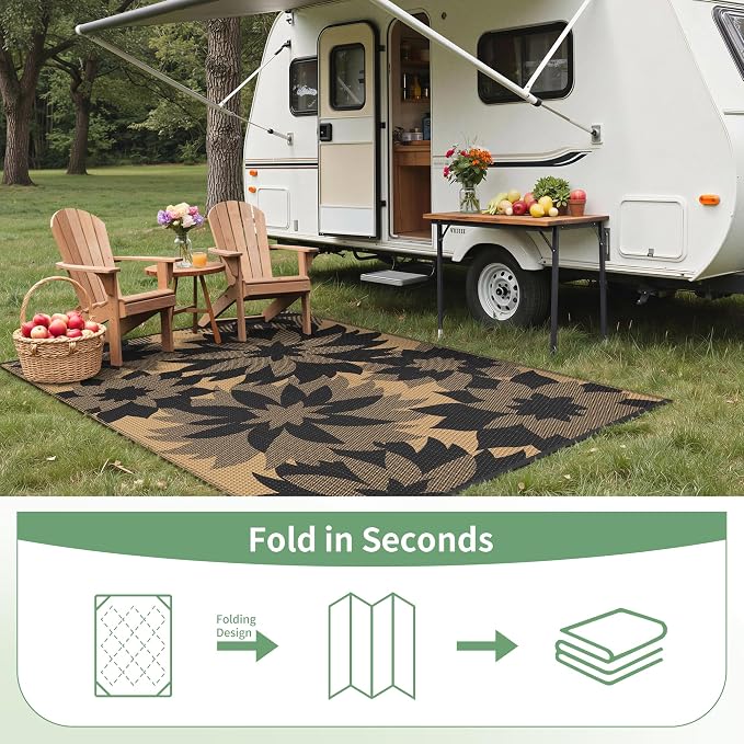 GENIMO Outdoor Rug 6' x 9' Waterproof for Patio Clearance, Reversible Plastic Straw Camping Mat, Light Weight Carpet for Rv, Camper, Deck, Porch, Picnic, Balcony, Beach,Charcoal Black & Brown