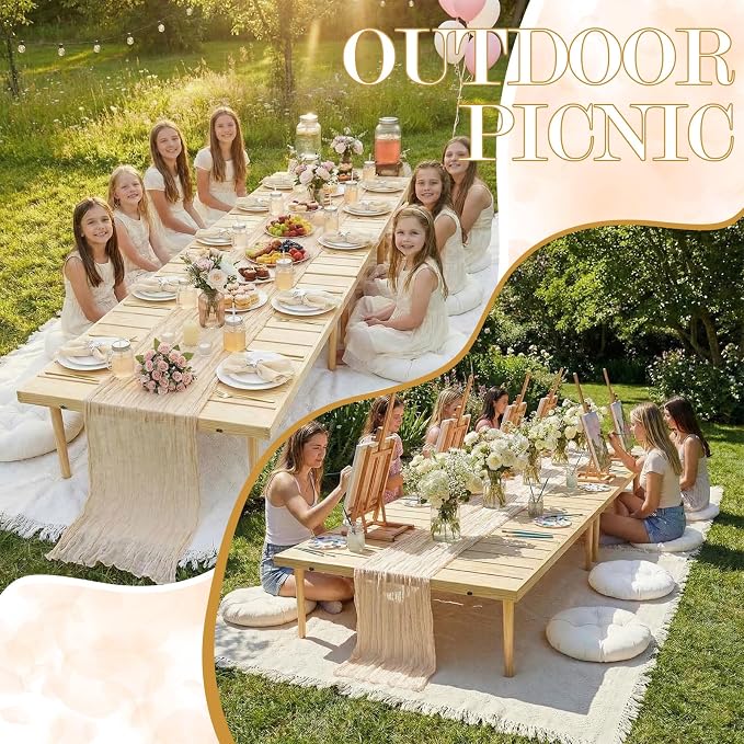 Beeveer Extra Large Outdoor Picnic Blanket with Table Runner Napkins and Floor Pillows Cushions for Picnic Party Camping Wedding Bachelorette Birthday Baby Shower Decor(71x118'',Beige,8 Set)