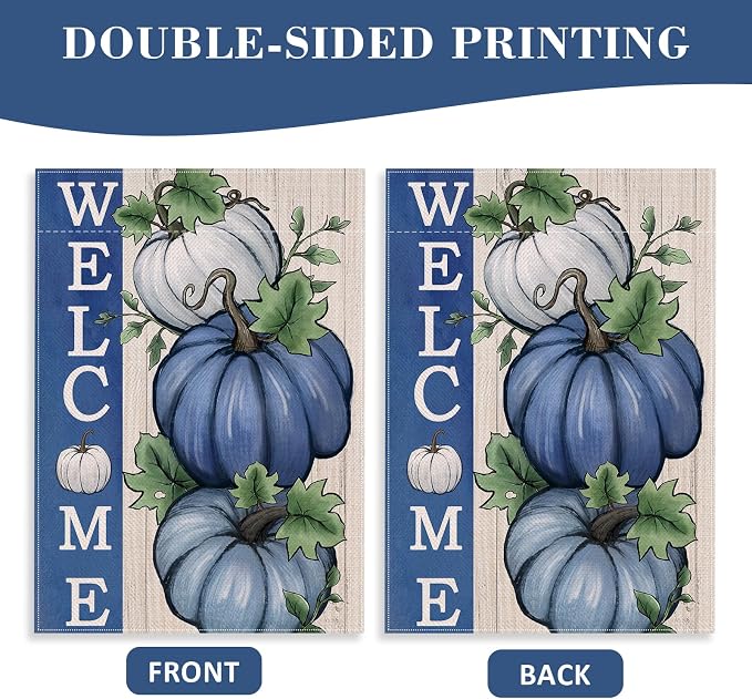 Welcome Fall Pumpkins Decorative House Flag, Autumn Blue White Pumpkin Farmhouse Garden Yard Outside Decorations, Thanksgiving Rustic Burlap Outdoor Large Home Decor Double Sided 28 x 40