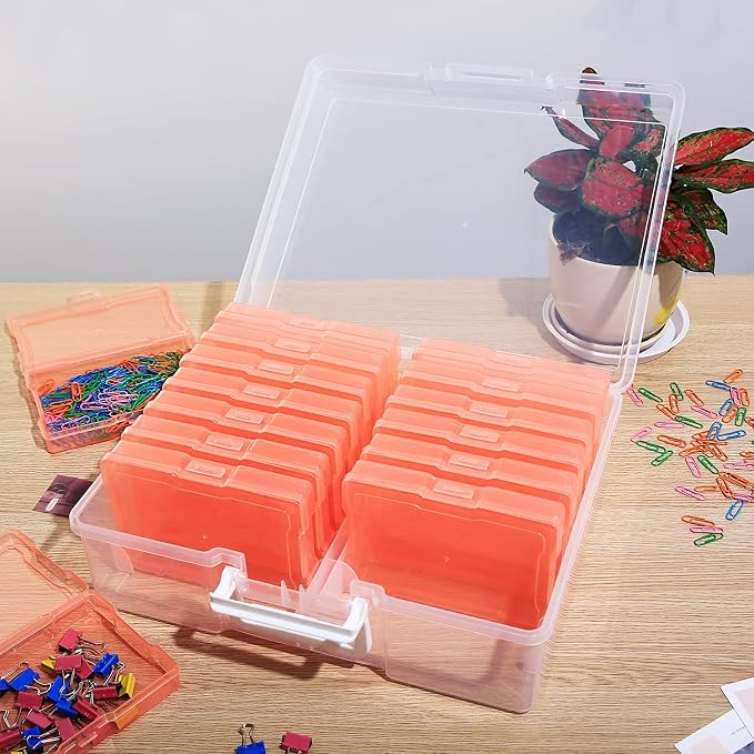 4" x 6" Photo Storage Case with Handle, 16 Inner Photo Organizer Keeper, Extra Large Storage Picture Boxes, Seed Storage, Transparent Craft Keeper (Orange)