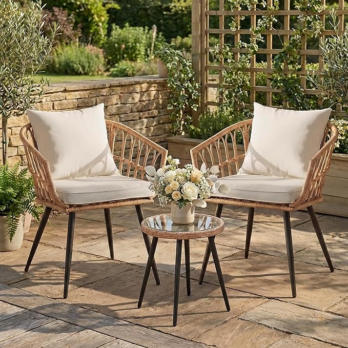 3 Piece Patio Bistro Set, Outdoor Wicker Apartment Balcony Furniture Set, All-Weather Rattan Patio Conversation Set for Backyard, Balcony and Porch with Soft Cushions, Tempered Glass Side Table(Beige)