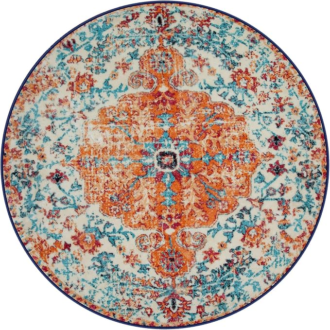 Lahome Reine Bohemian Floral Medallion Round Rug - 6Ft Soft Rug for Living Room Washable Rug for Dining Room, Vintage Faux Wool Non Slip Cute Table Throw Carpet for Coffee Table Nursery Guest Room