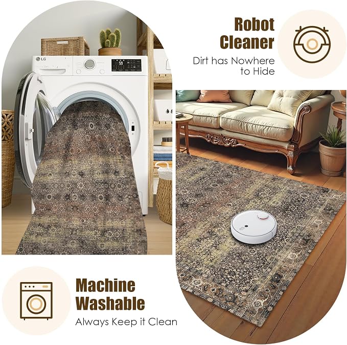Washable Area Rug 9' x 12' Vintage Traditional Persian Mat - Foldable Distressed Non-Slip Machine Washable Carpet for Living Room Bedroom Kitchen Home Decor - Umber and Slate