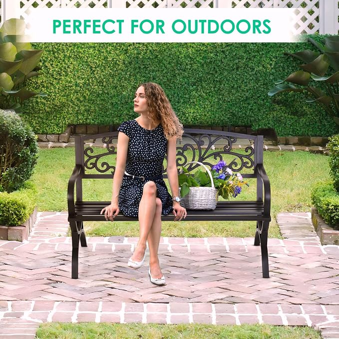 FDW Outdoor 50 Inches Garden Bench, Slatted Seat Armrests Floral Design Backres and Arch Legs, Perfect for Park, Yard, Porch, Lawn, Balcony, Backyard, Black