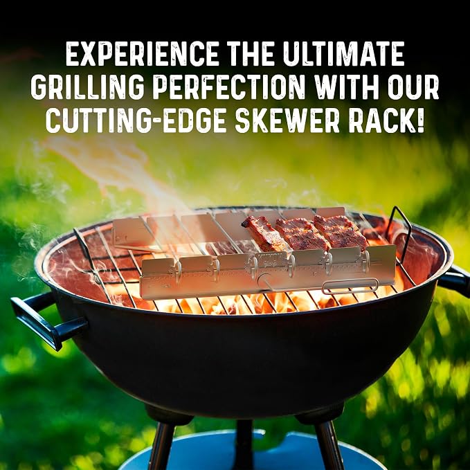 Yukon Glory Rotating Kabob Skewer Rack, Stainless Steel Shish Kebab Set with 6 Metal Skewers, Collapsible Holder for Grill, Dishwasher Safe