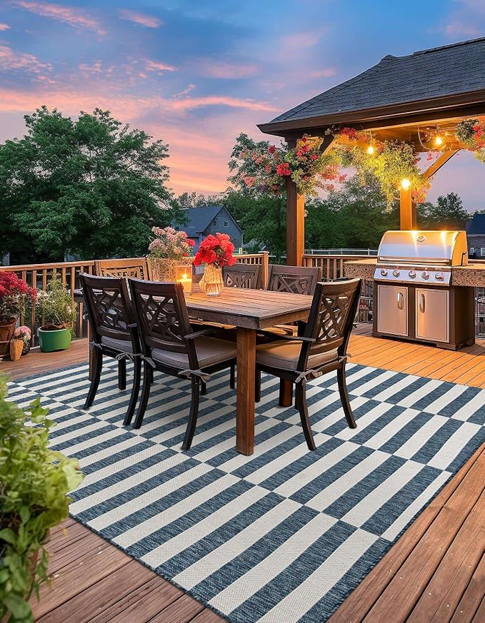 Unique Loom Outdoor Striped Collection Area Rug - Striped (5' 3" Square Blue/Ivory)
