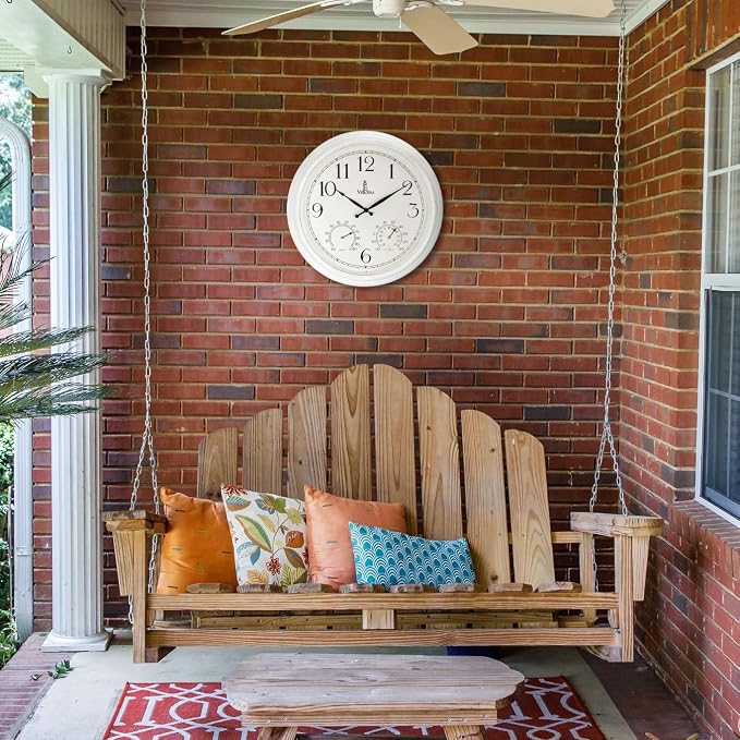 Outdoor Clocks for Patio Large Waterproof with Thermometer - White 18 inch Indoor Outdoor Wall Clock with Temperature and Humidity Combo - Weatherproof, Accurate & Easy to Read for Pool, Garden & Home