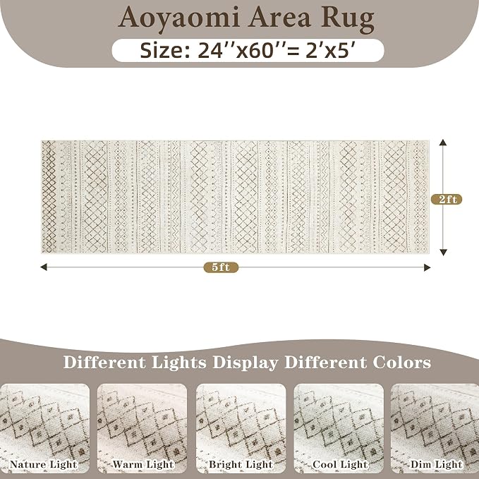 Runner Rug 2x5 Boho Geometric Area Rugs: Small Washable Kitchen Entryway Rug, Soft Non Slip Moroccan Long Hallway Rugs for Bedroom Bathroom Laundry Entryway Staircase Foyer(Brown,2X5)