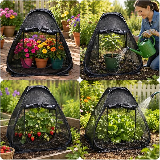 1PC Pop up Plant Shade Tent(28 x 28 x 32 in-50% Shade Mesh Plant Cover with 8 U-Shaped Stakes for Outdoor Plants, Pop up Gardening Net Cover with Zipper Door, Guard Cover for Potted Plants