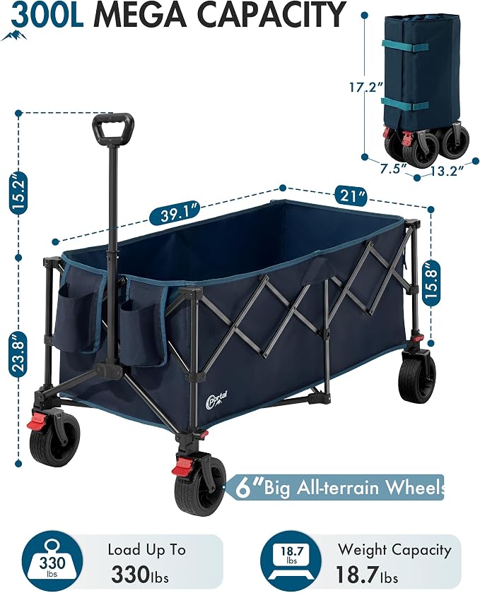 Portal Collapsible Wagon Cart, Foldable Wagon with Big Wheels, 300L Extra Large Wagon,18.7lbs Lightweight Utility Wagon, Heavy Duty Wagon for Beach, Camping, Sports, Garden Blue