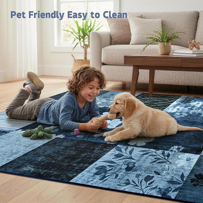 DweIke Floral Rugs for Living Room, 5x7 Washable Area Rug for Dining Room Farmhouse Office Bedroom Decor, Geometric Patchwork Stain Resistant Low Pile Indoor Floor Throw Rugs, Navy Blue