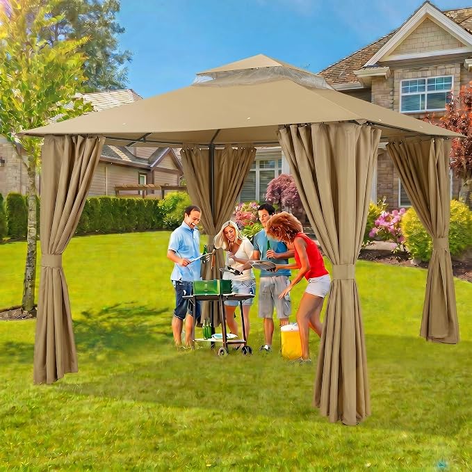 COBIZI 10x10 Gazebo with Double Roof & Mosquito Netting Outdoor Heavy-Duty Party Tent, Patio Tent with Zipper Screens - Backyard Garden Lawn Shelter Includes Wind Ropes Expansion Bolts, Khaki