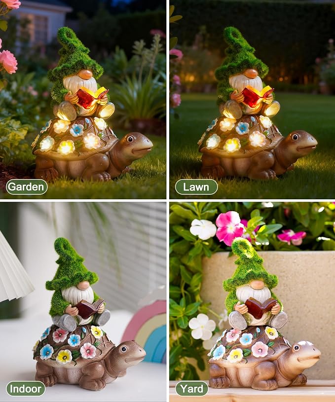 Nacome Solar Gnome Riding Turtle Statue for Garden Decor | Outdoor Statues for Patio, Yard, Balcony Ornament, Turtle Gifts for Women/Mom/Grandma, Mom's Best Gift