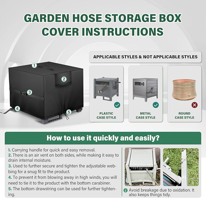 Garden Hose Storage Box Cover – Weather-Resistant Protective Cover for Outdoor Hose & Storage Box, Protects Against Sunlight, Rain, Snow, Sandstorms – Black