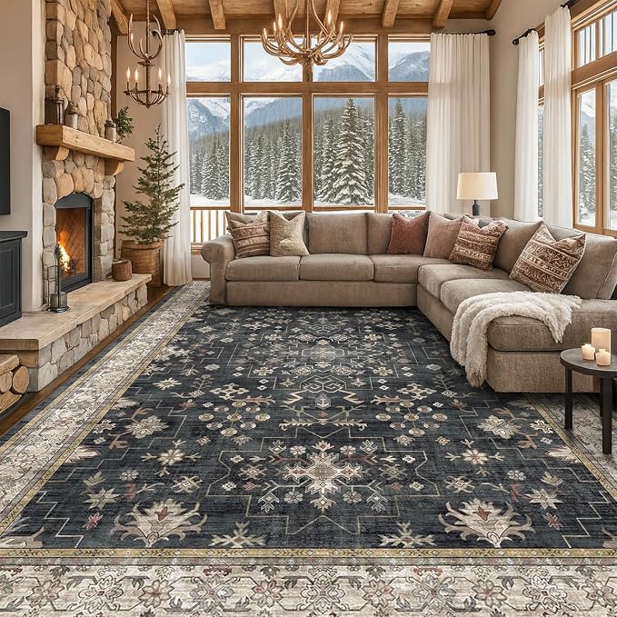 Black Boho Rug for Living Room 9x12 - Washable Dining Room Rugs for Under Table, Vintage Soft Low Pile Carpet for Bedroom, Non-Slip Farmhouse Bohemian Large Tumble Rug for High Traffic Area