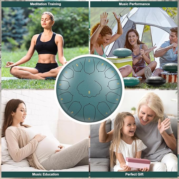 D Major Steel Tongue Drum Handpan, 12 Inch 13 Note Rain Drum for Garden Outside, Meditation Rain Chime, Musical Percussion Instrument for Adult Gift with Bag, Music Book, Drum Mallets (Moss Blue)
