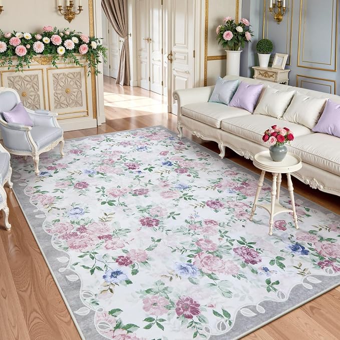 Lahome Purple Rugs for Bedroom, Floral 5x7 Area Rug | Vintage Living Room Rug Non Slip Low Pile Ultra-Thin Large Carpet for Farmhouse Dining Room Kids Nursery Nina (Purple/Grey)
