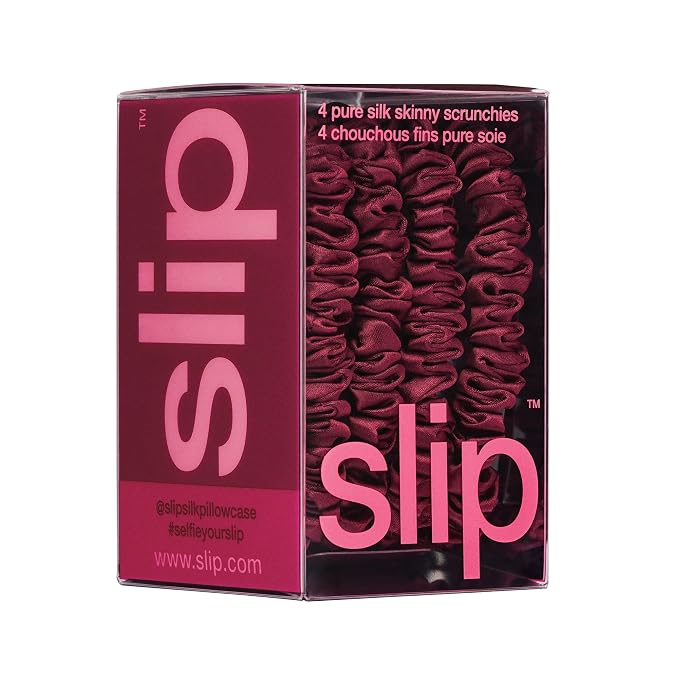 Slip Silk Hair Ties — Skinny Silk Maroon Scrunchies, No Damage, No Crease, Anti-Breakage |100% Mulberry Silk | All Hair Types | Made with Proprietary Slipsilk™ | Set of 4