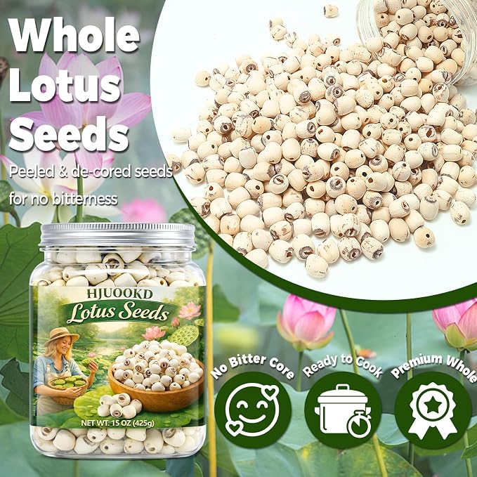15oz Natural Dried Lotus Seeds, 425g Pure White Lotus Seed, Peeled & De-cored, Perfect for Herbal Tea, Porridge, Soup, Cooking & Baking