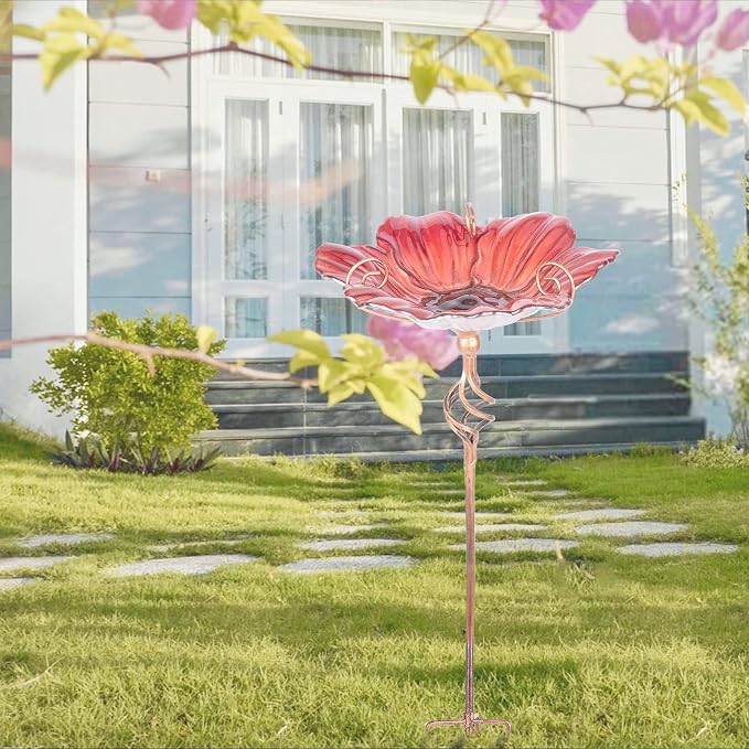 MUMTOP 31 Inch Height Glass Birdbath Birdfeeder with Metal Stake Garden Yard Outdoor Red