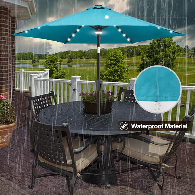 FLAME&SHADE 7.5 FT Solar Light Patio Umbrella, 24 LED Lights Outdoor Umbrella with Centre Surround Light, Table Umbrella Outdoor Patio for Deck, Pool, Backyard, Garden, UV Protection (Aqua Blue)