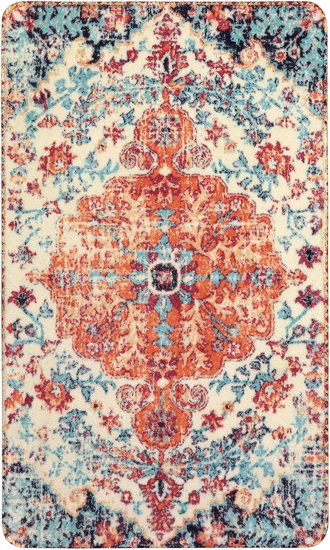 Lahome Reine Bohemian Floral Medallion Area Rug - 2x3 Oriental Distressed Small Bath Rug Country Vintage Doormat Faux Wool Non-Slip Washable Low-Pile Carpet for Bathroom Kitchen Laundry Room Decor