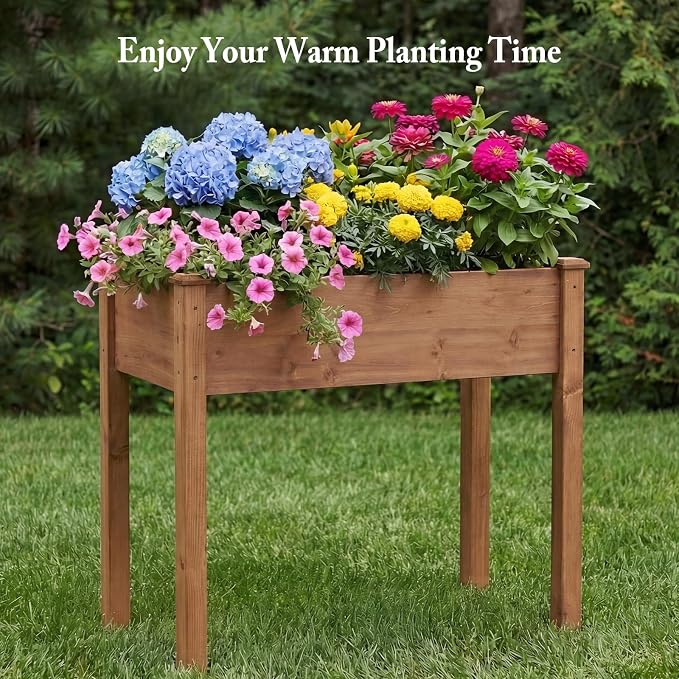 DUMOS Raised Garden Bed 34x18x30 Inch, Outdoor Planter Box with Legs, Elevated Wood Garden Bed with Liner for Herbs Flowers Vegetables, Wooden Planter Box for Patio, Balcony, Backyard, Brown
