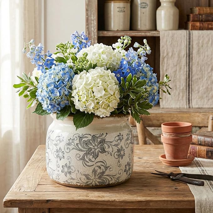 7.7" Large Vintage Ceramic Plant Pot with Baroque Floral Pattern Beige Gray Rustic Planter with Ice Crackle Glaze & Drainage Hole for Indoor Outdoor Plants Home Office Kitchen Decor Gift