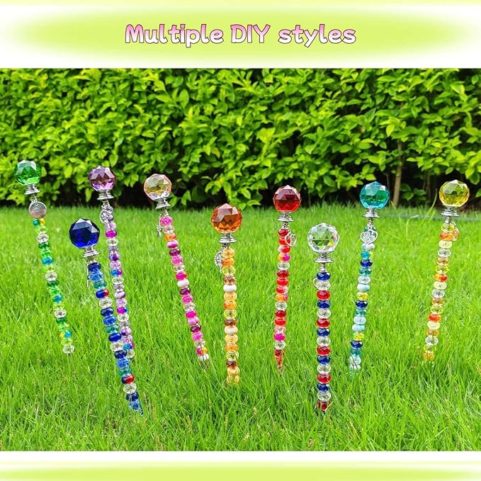 72Pcs Beaded Garden Stakes Kit - DIY Fairy Wand Garden Stake Beads Kit, Fairy Garden Accessories Outdoor for Different Festivals, Beadable Items Ball-(Purple+Lake Blue+Pink)