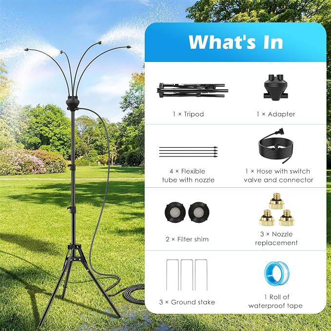 Roylvan Portable Misters for Outside Patio, Standing Misting System for Outdoor, 5.25ft Height Adjustable Stand Mister with 4 Nozzles, Tanning Mister Water Mist Hose Kit for Backyard Garden Pool Patio
