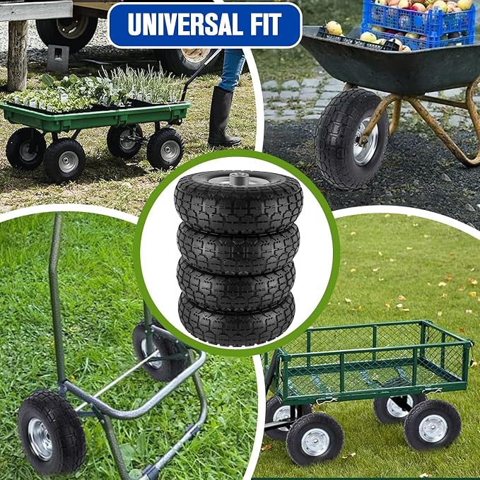 4 Pcs 4.10/3.50-4" Tire and Wheel Flat Free, 10 Inch Solid Rubber Tires with 5/8" Axle Bore Hole, 2.2" Offset Hub for Hand Truck, Wheelbarrow, Gorilla Cart, Garden Wagon Cart, Dolly, Utility Cart