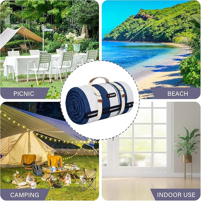 HX&OD Outdoor Picnic Blanket Extra Large, 80''*60'' Waterproof Picnic Mat with Stakes Foldable Camping Blanket Portable with Carry Strap for Beach Mat (Green& White, 80''*60'')