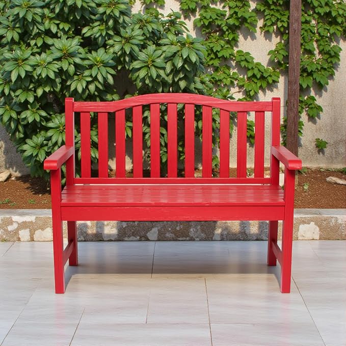 Shine Company Belfort Outdoor Solid Wood Patio Garden Bench, Ergonomic Seat, 22" D x 44.75" W x 36" H, Chili Red
