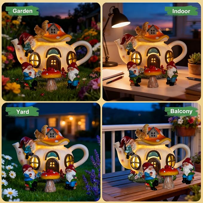 twinbling Solar Fairy Garden House Lights - Mushroom Teapot Gnome House Statue Set with 2 Mini Gnomes and 1 Mushroom Figurines, Outdoor Garden Decor, Gift for Gardeners and Moms (Set)