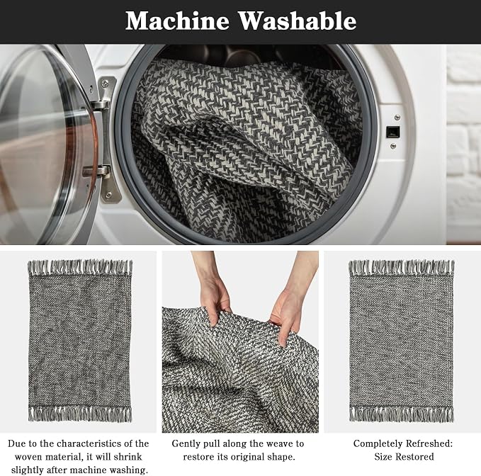 Modern Farmhouse Bathroom Rug, 2' x 3' Small Entryway Rugs | Hand Woven Washable Kitchen Rugs, Grey Low Profile Front Door Mat Reversible Braided Carpet for Porch Back Bedroom Decor